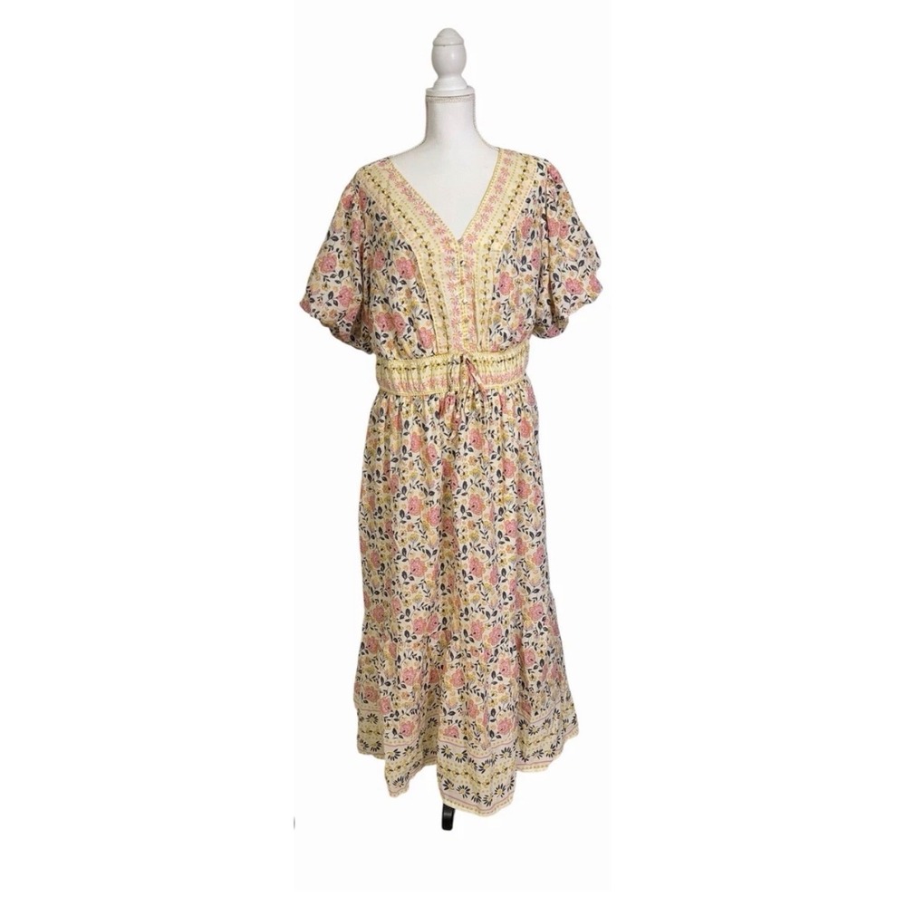 Anthropologie LEA Women Pink Yellow Floral Cotton Midi Dress Pockets 1X NEW